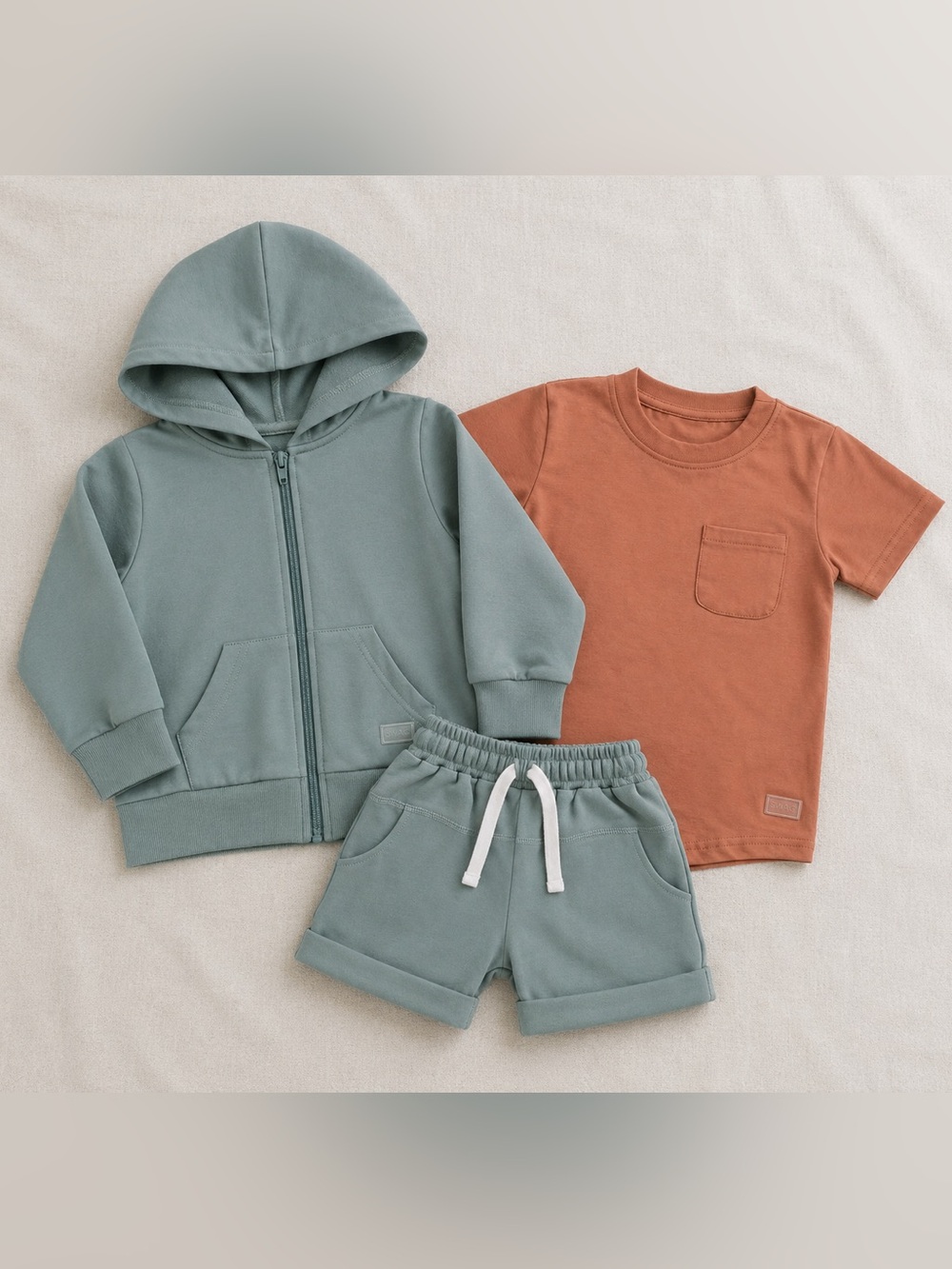 Swizz the Label:  3-Piece Hoodie, Shorts & Tee Set in Sage and Terracotta